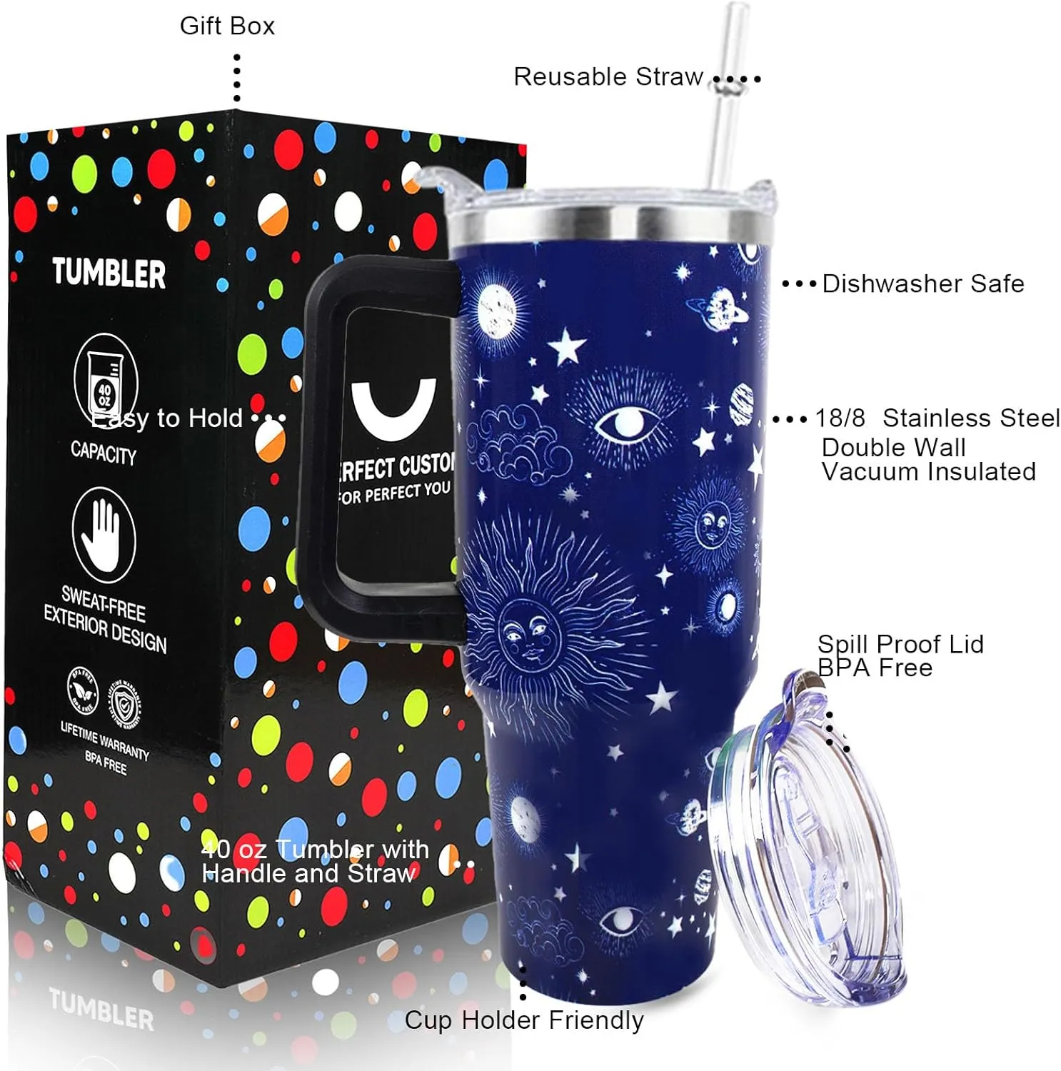 Blue Sun Moon Mug 40 OZ Tumbler with Handle and Straw Lid Leak Proof - Sun Moon and Stars Travel Coffee Mug with Handle Insulated for Hot Cold Ice - Birthday Gifts for Women Stainless Steel Cup