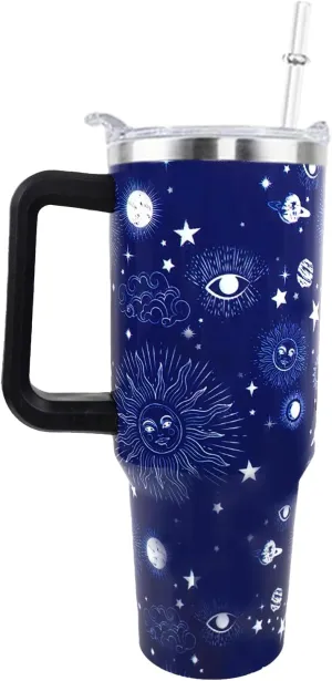 Blue Sun Moon Mug 40 OZ Tumbler with Handle and Straw Lid Leak Proof - Sun Moon and Stars Travel Coffee Mug with Handle Insulated for Hot Cold Ice - Birthday Gifts for Women Stainless Steel Cup