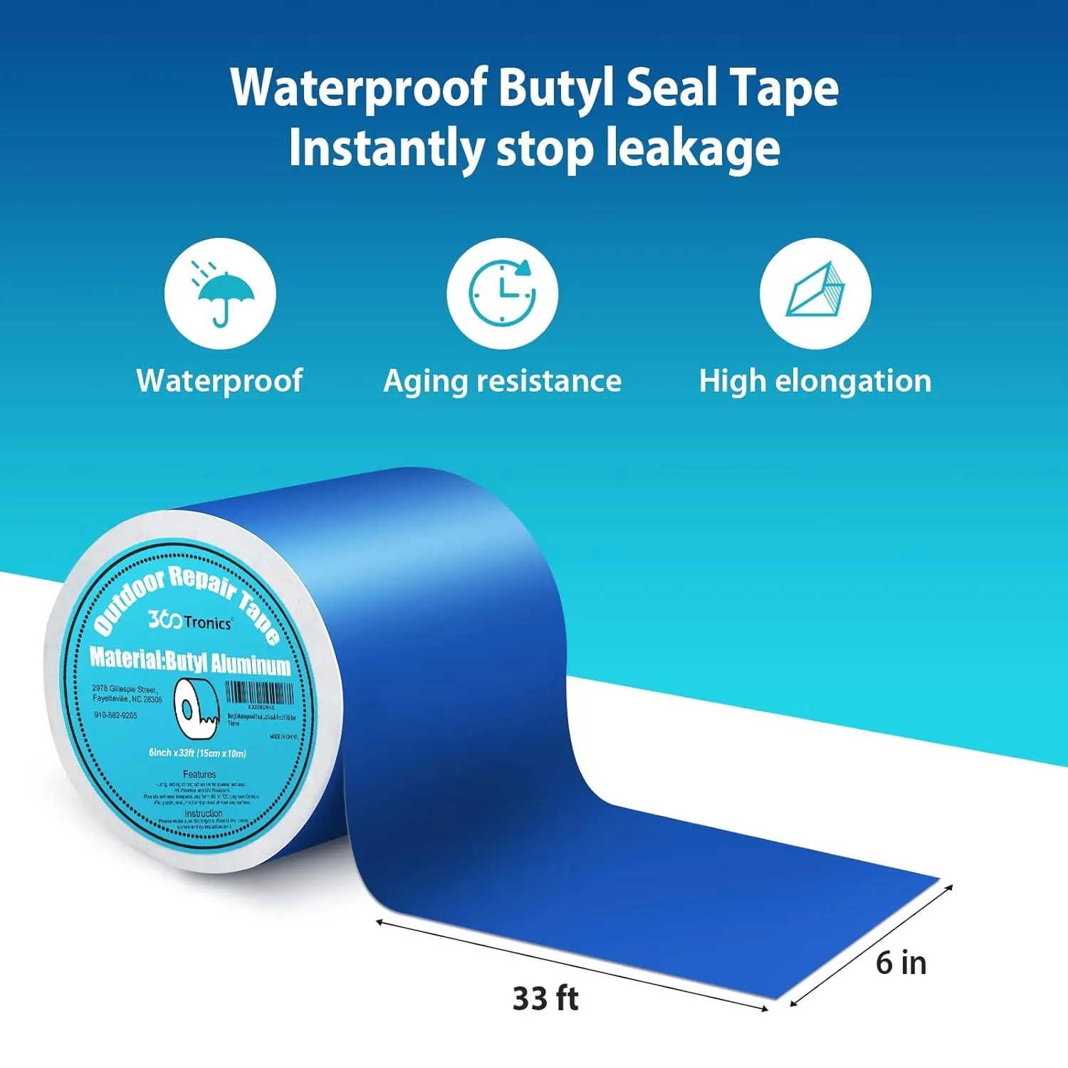 Blue Waterproof Butyl Tape, 6 in x 33ft - W x L, Self Adhesive Butyl Rubber Sealant Tape for RV Repair, Metal Roof, Pool Cover, Awning, Pool Liner, HVAC Ducts, Boat Sealing & Pipe Patching