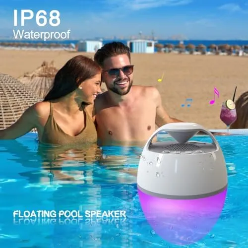 Blufree Floating Pool Speaker with Lights, Portable Bluetooth Pool Speakers IP68 Waterproof Hot Tub Speaker for Outdoor Pool Sports Home Party, Louder Volume, Rich Bass, Mic, 82 ft Wireless Range