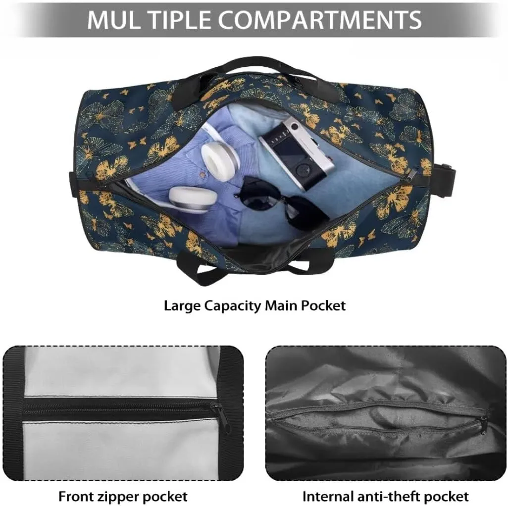 Boatee Butterfly Duffel Bag for Women Large Gym Bag Portable Duffle Bag Casual Weekender Hand Bag Foldie Travel Bag Expandable Stylish Personal Item Travel Bag Shoulder Handle Purse for Sport Blue