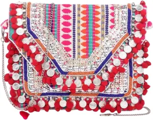 Bohemian Embroidered Clutch Purse – Pink Tribal Crossbody Bag with Coins & Pom Poms | Handmade Boho Chain Strap Shoulder Bag for Women, Festival & Party Purse