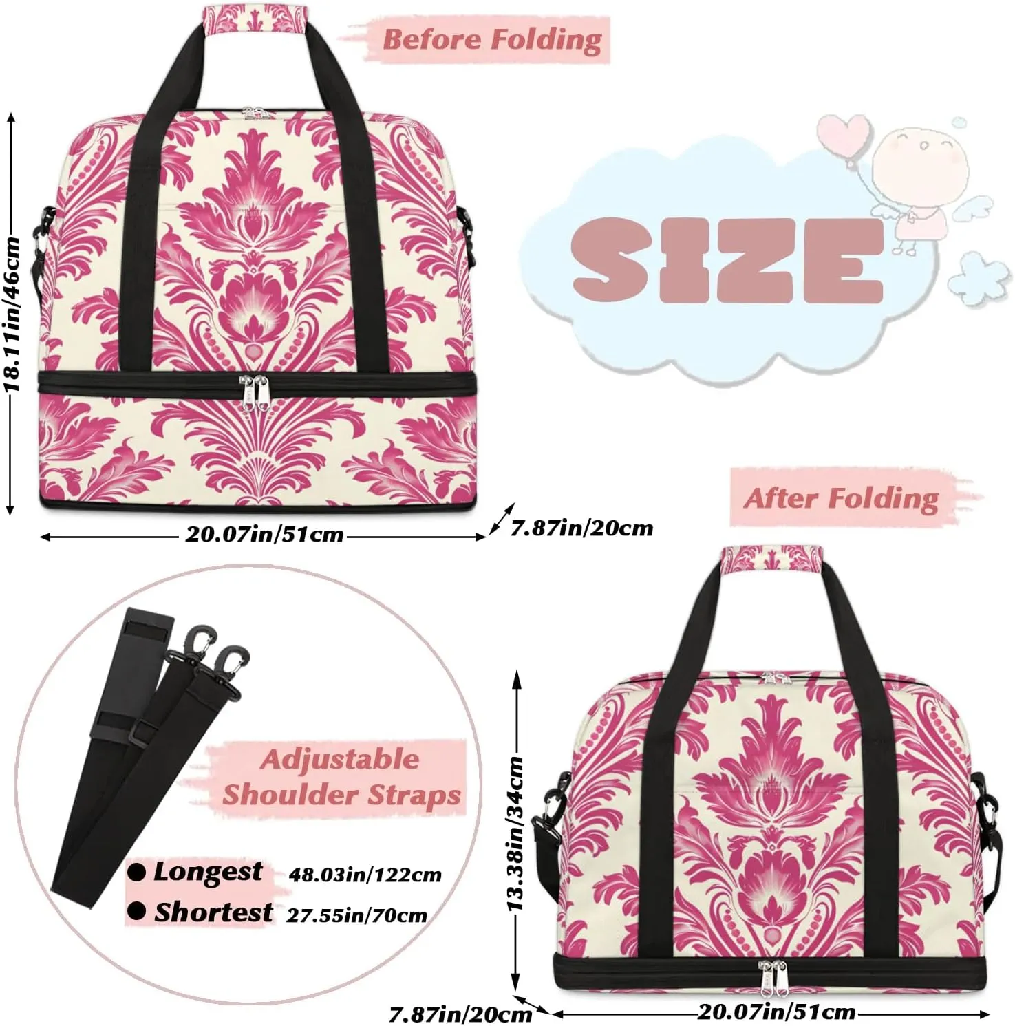 Boho Flower Printings Travel Duffle Bag, Collapsible Travel Bag Sports Gym Bag With Shoes Compartment Weekender Bag Overnight Bag For Women Men