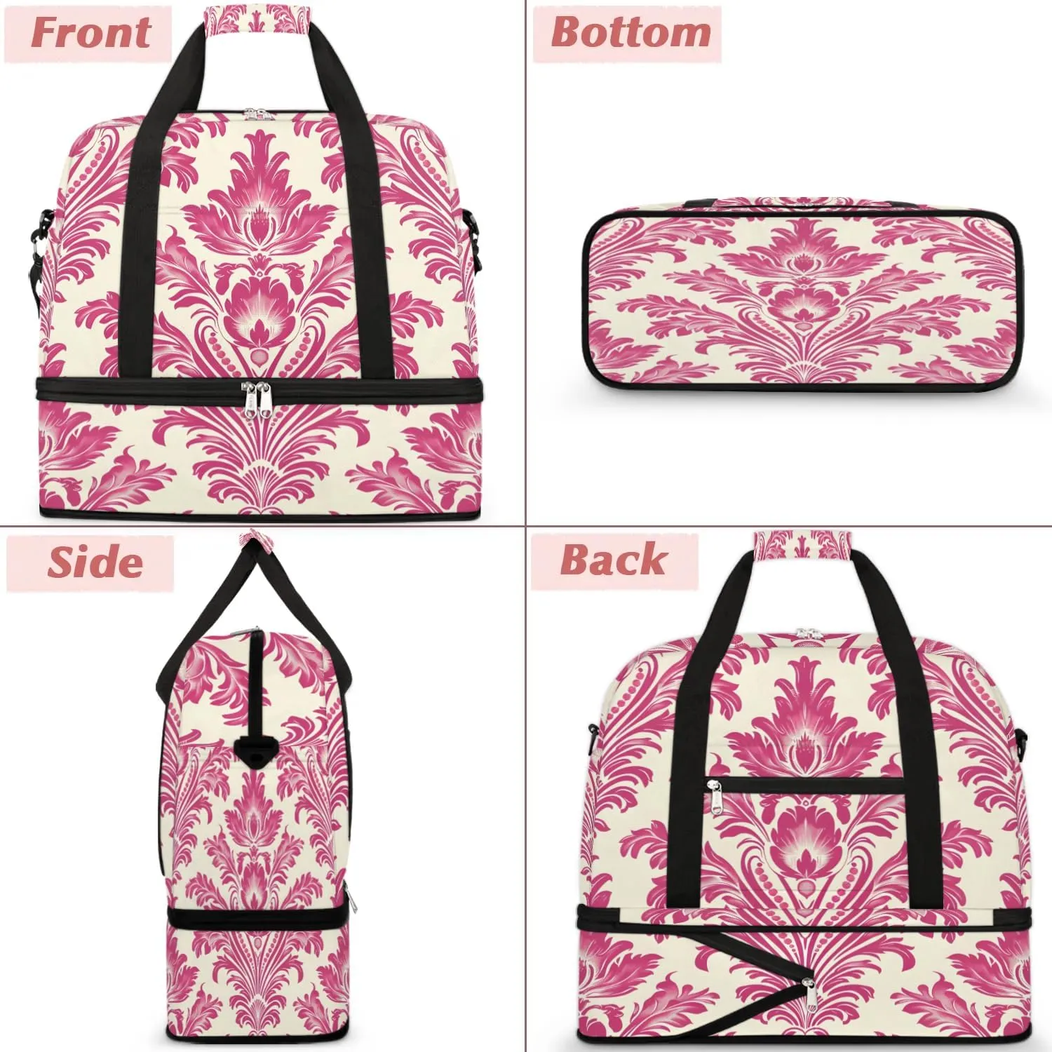 Boho Flower Printings Travel Duffle Bag, Collapsible Travel Bag Sports Gym Bag With Shoes Compartment Weekender Bag Overnight Bag For Women Men