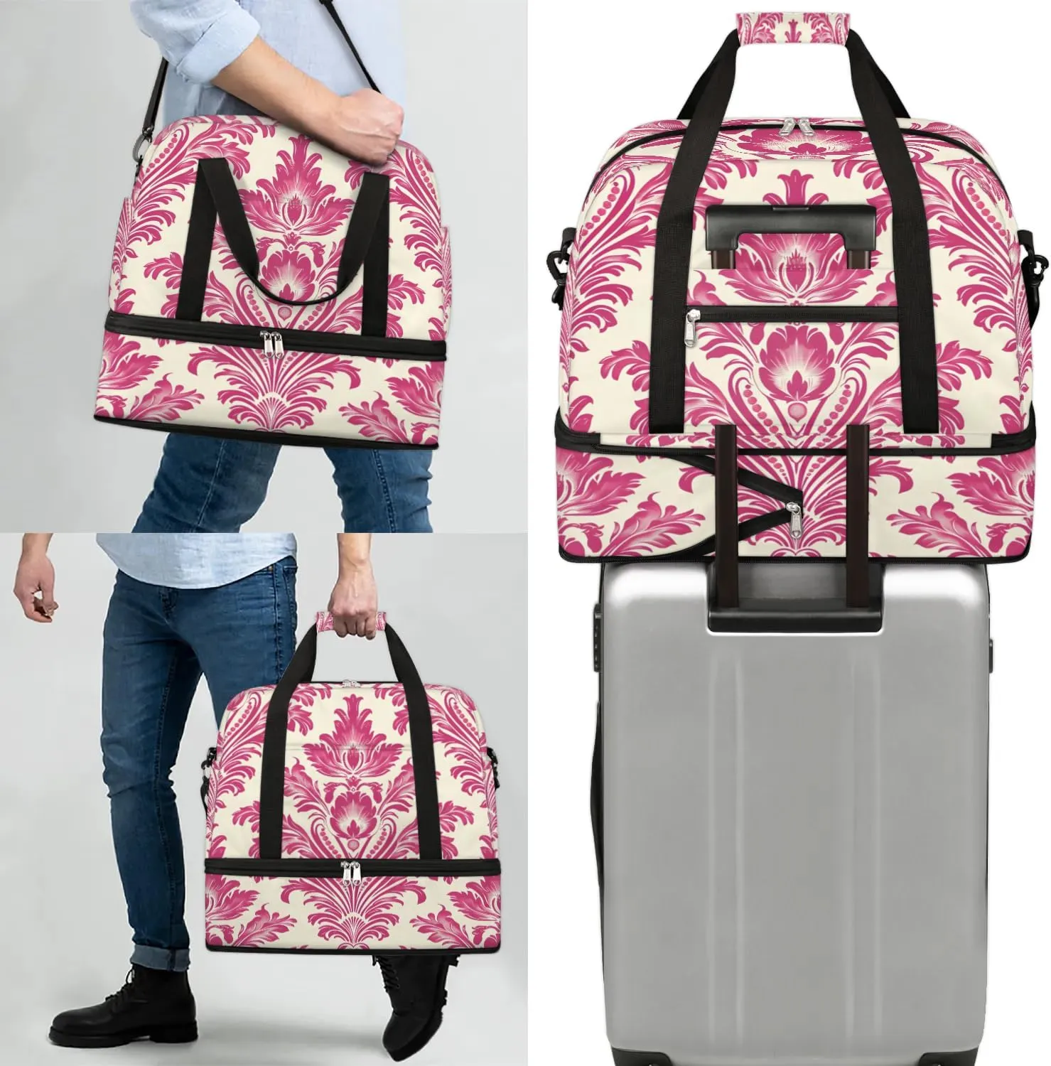 Boho Flower Printings Travel Duffle Bag, Collapsible Travel Bag Sports Gym Bag With Shoes Compartment Weekender Bag Overnight Bag For Women Men