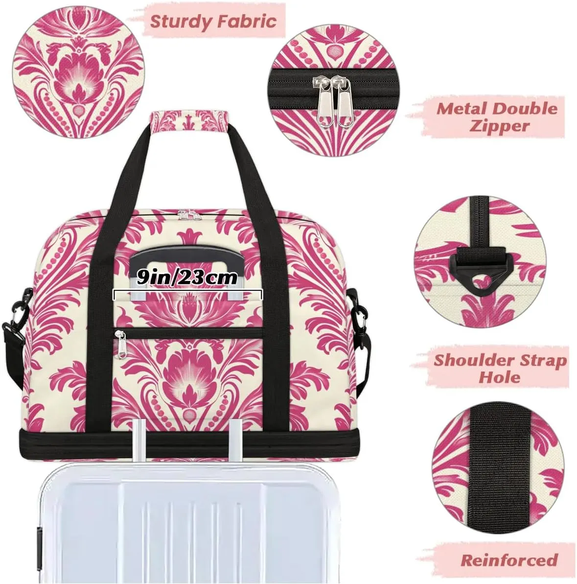 Boho Flower Printings Travel Duffle Bag, Collapsible Travel Bag Sports Gym Bag With Shoes Compartment Weekender Bag Overnight Bag For Women Men