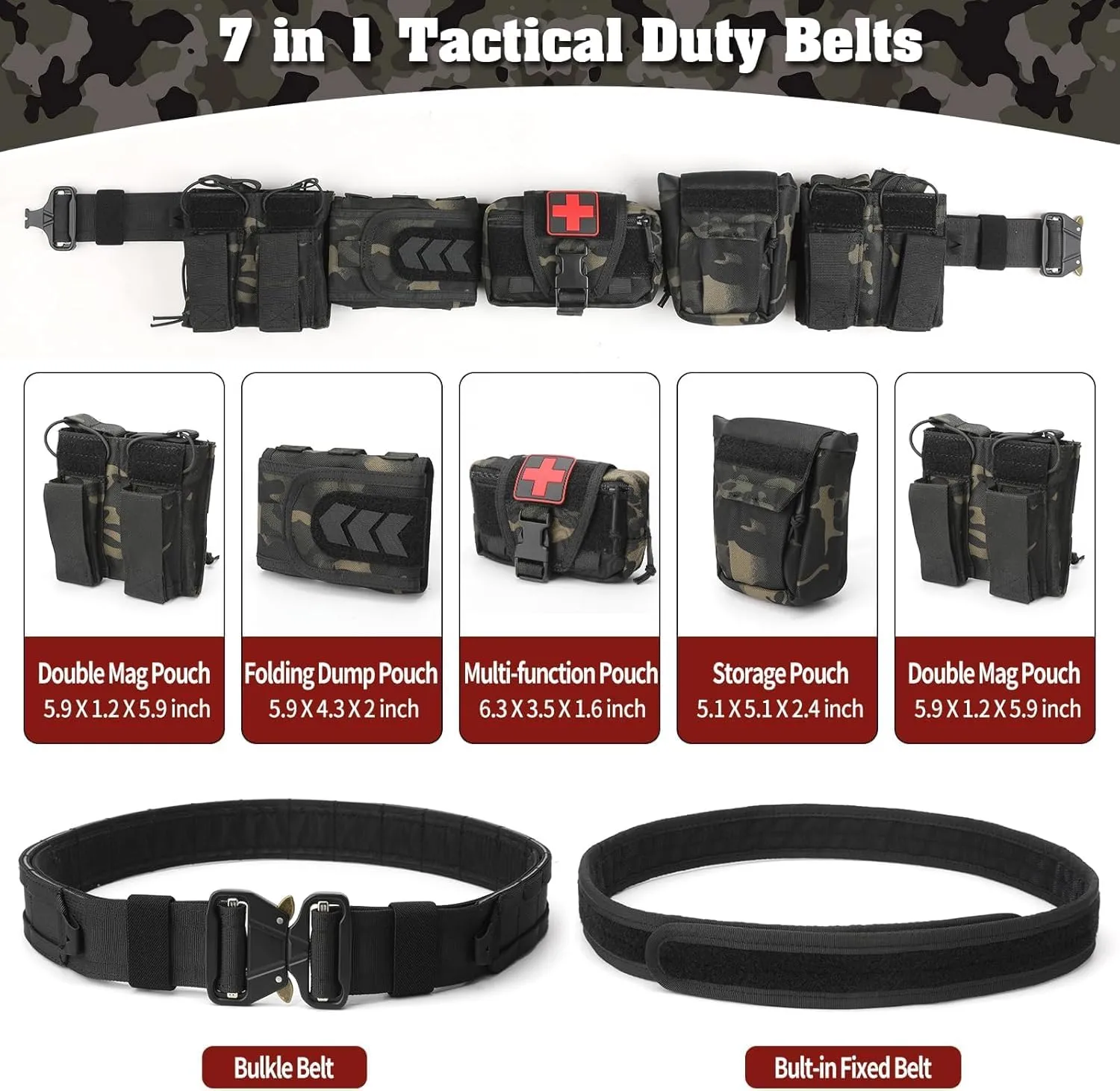 BOMTURN Battle Belt Tactical Belt with Accessories: Duty Belts Law Enforcement Combat Airsoft Police Belt with Pouches 7pcs