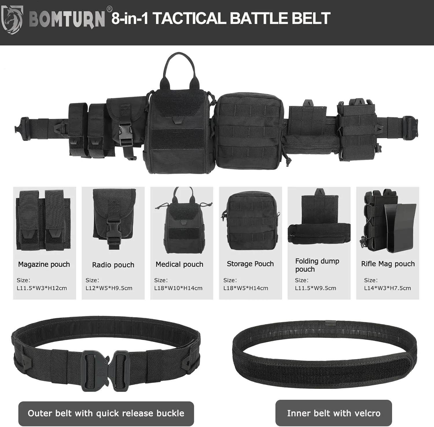 BOMTURN Tactical Battle Belt with Pouches Accessories Law Enforcement Duty Combat Military Utility Police Belt 8ps
