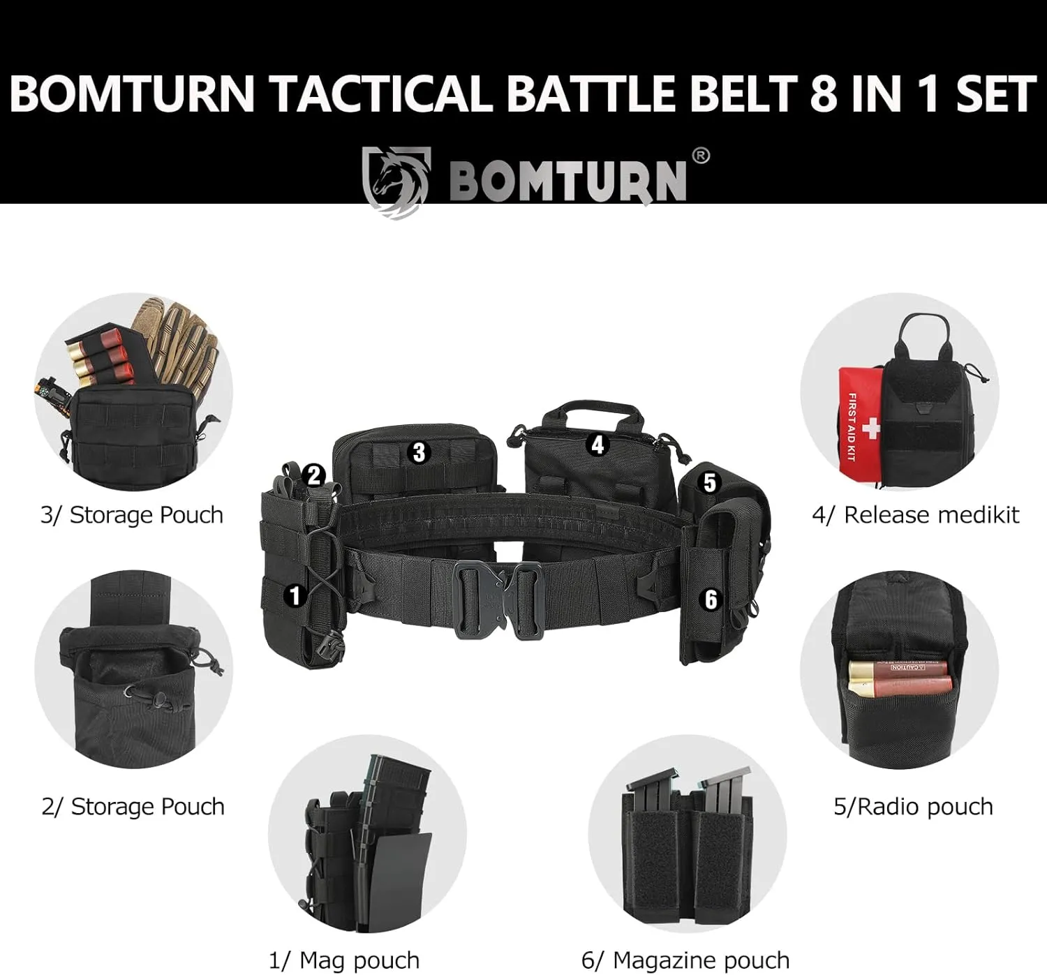 BOMTURN Tactical Battle Belt with Pouches Accessories Law Enforcement Duty Combat Military Utility Police Belt 8ps