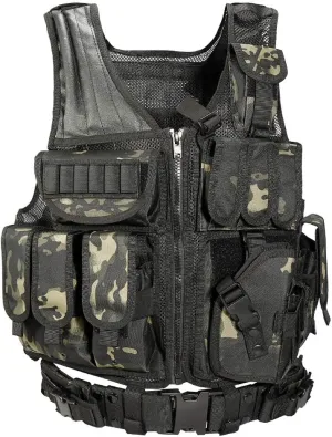 BOMTURN Tactical Vest Outdoor Ultra-Light Breathable Durable Mesh Airsoft Vest Adjustable Detachable Belt & Holster