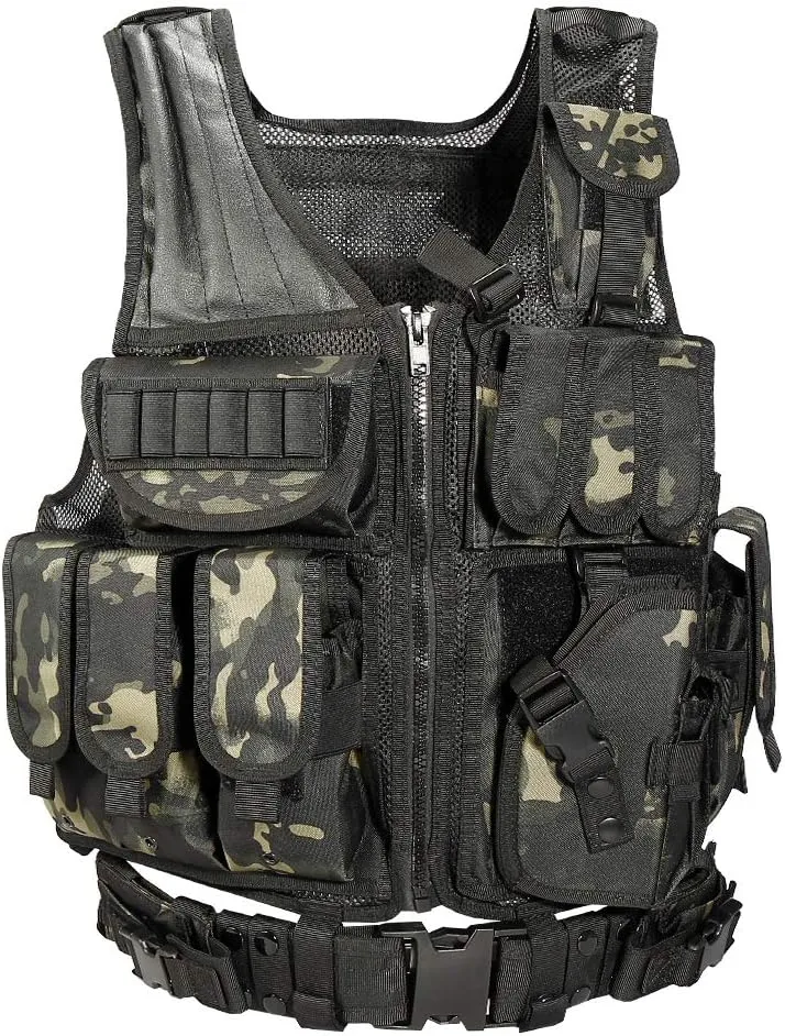BOMTURN Tactical Vest Outdoor Ultra-Light Breathable Durable Mesh Airsoft Vest Adjustable Detachable Belt & Holster
