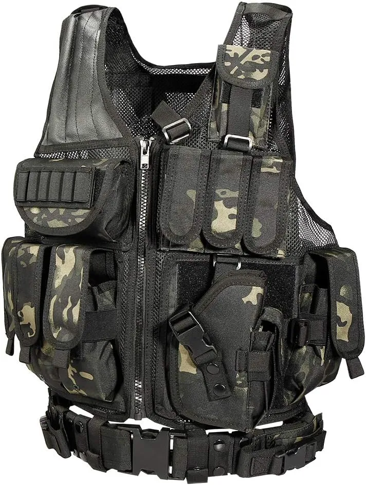 BOMTURN Tactical Vest Outdoor Ultra-Light Breathable Durable Mesh Airsoft Vest Adjustable Detachable Belt & Holster