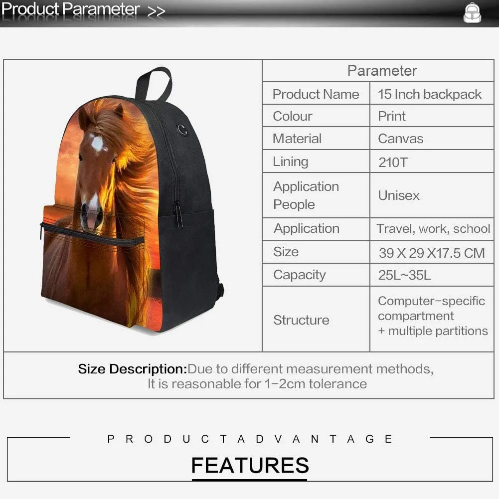 Bookbag School Backpack for Girls Horse Backpacks Elementary 3rd 4th 5th 6th Grade Kids Boys 15.3" Canvas Laptop Bag