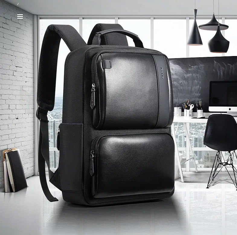 BOPAI Black Leather Backpack College Bag for Boys