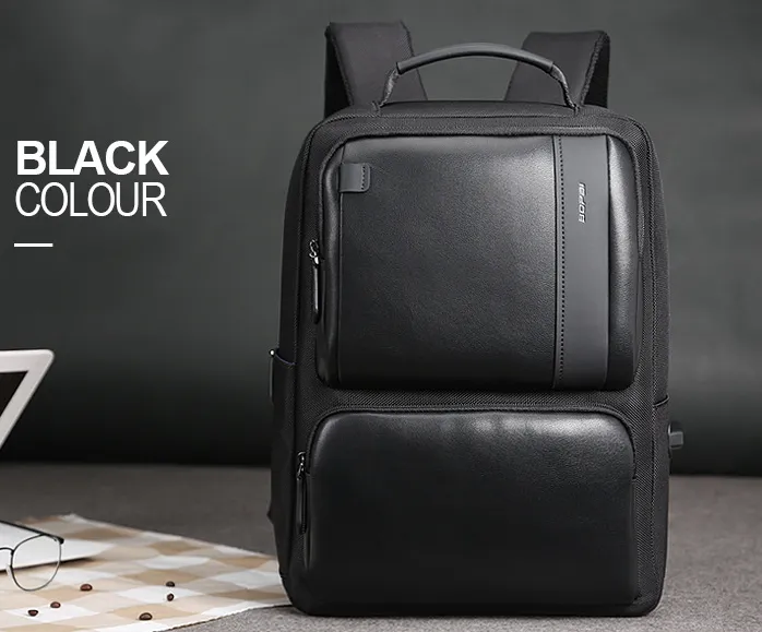 BOPAI Black Leather Backpack College Bag for Boys