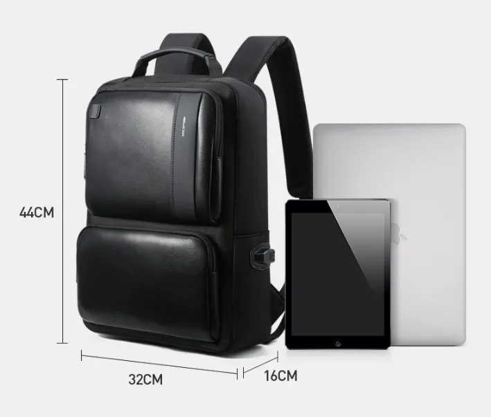 BOPAI Black Leather Backpack College Bag for Boys