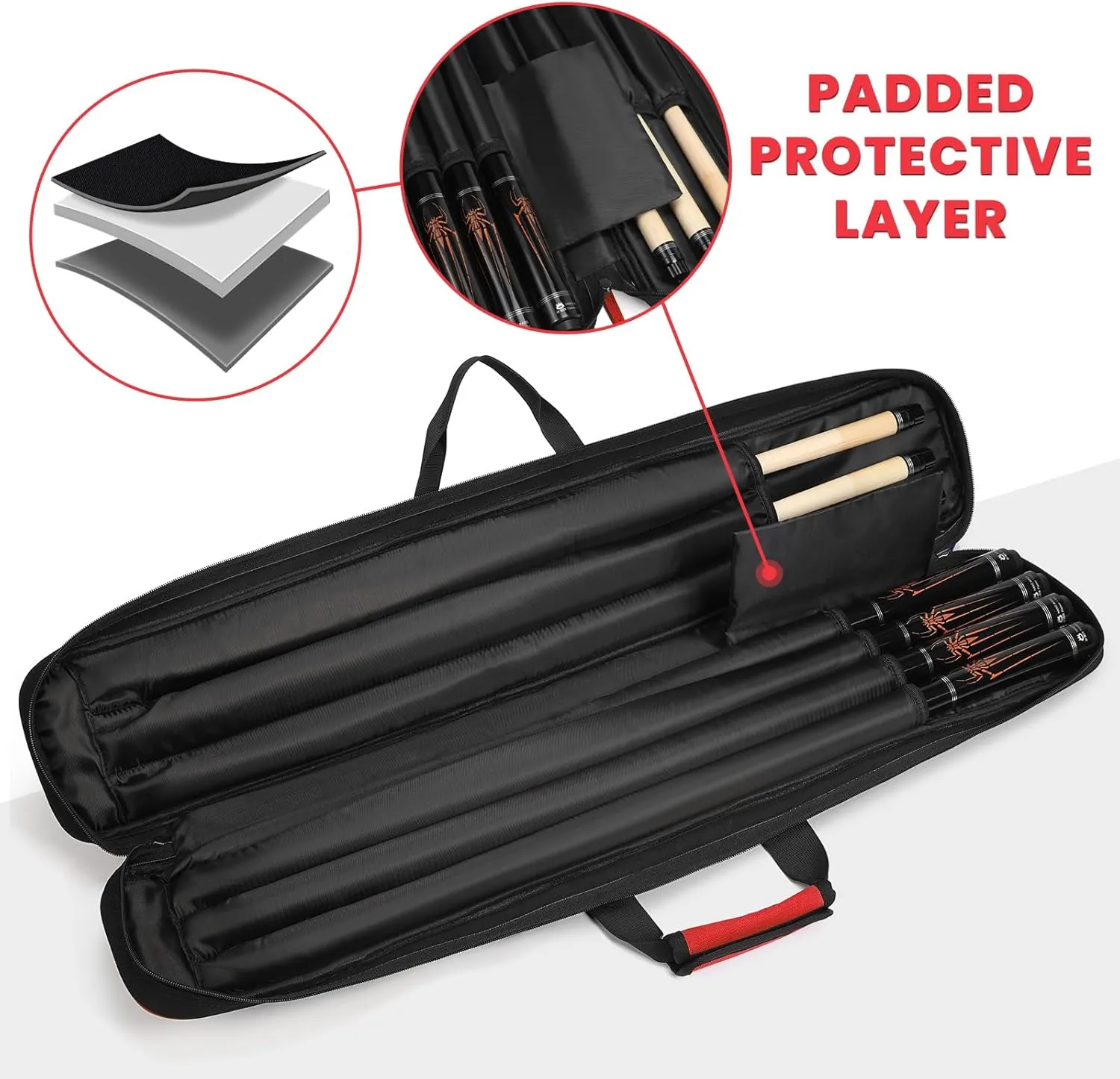 BOSSTIN Pool Cue Case, 3x4 / 5x5 Pool Stick Billiard Cue Accessories Soft Padded Bag Case