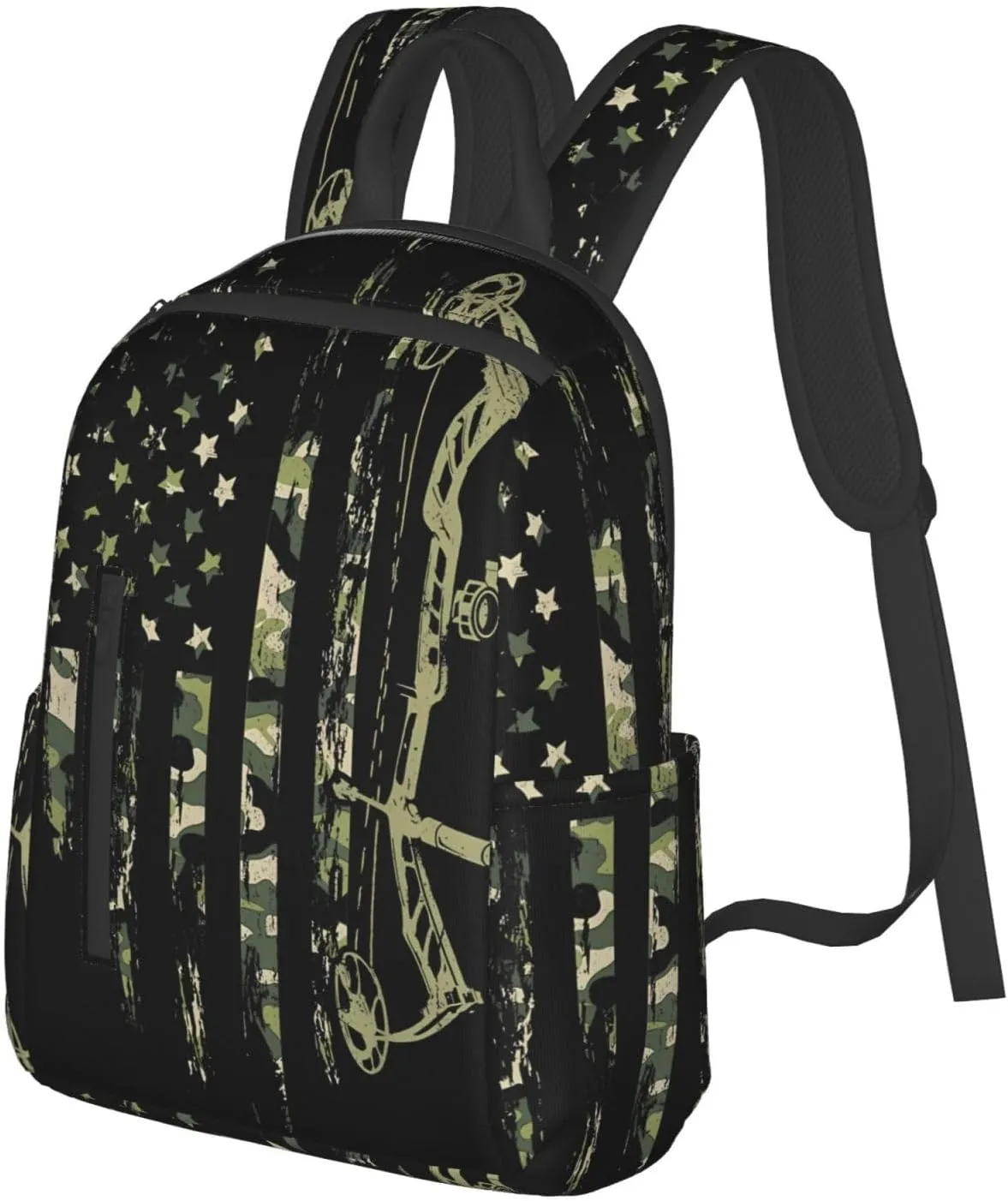 Bow Hunting American Flag Archery Bowhunter Camouflage Casual Backpacks Laptop Backpack Outdoor Travel Rucksack Sport Carry-On Daypack Lightweight Bag with Multi-Pockets