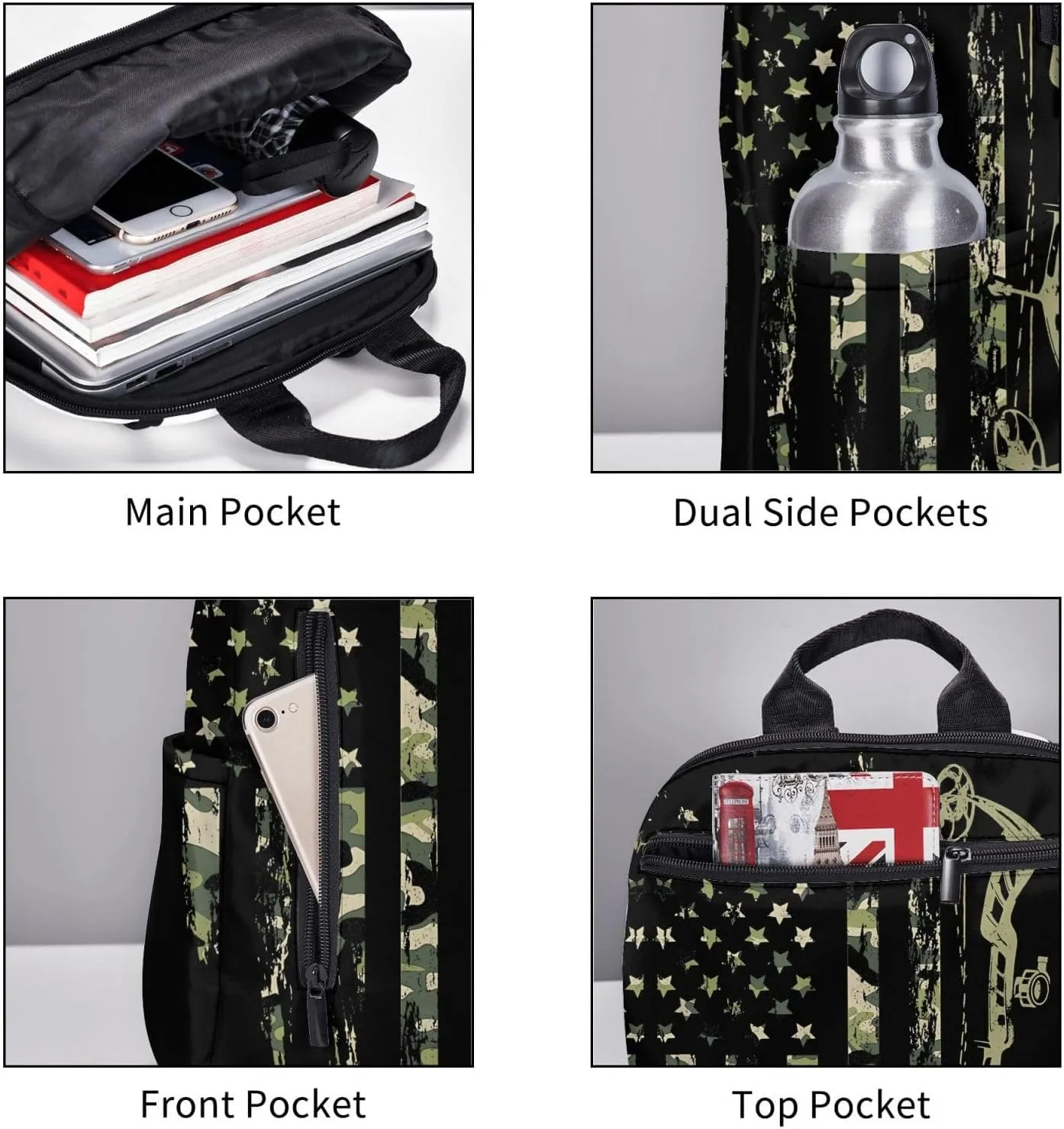 Bow Hunting American Flag Archery Bowhunter Camouflage Casual Backpacks Laptop Backpack Outdoor Travel Rucksack Sport Carry-On Daypack Lightweight Bag with Multi-Pockets