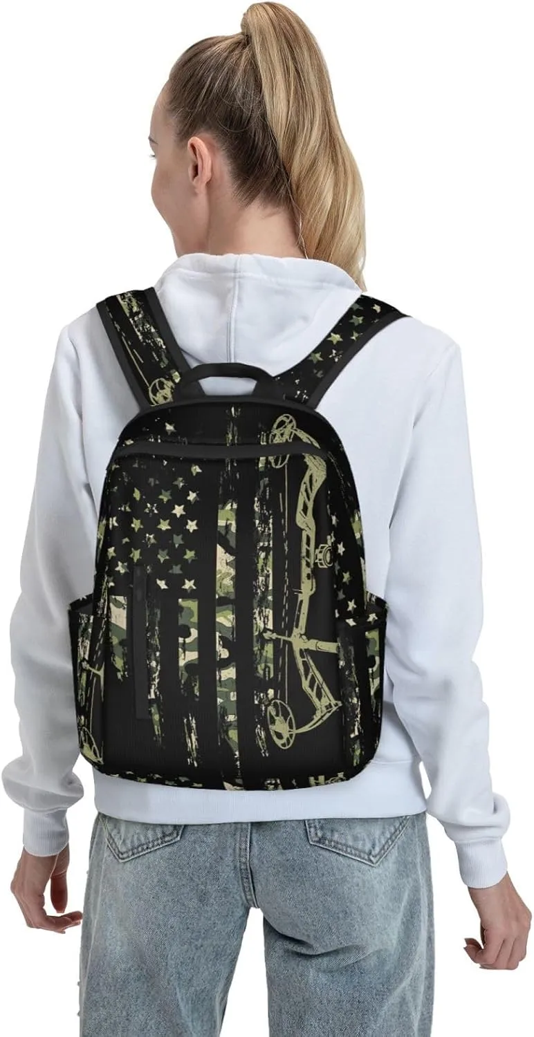 Bow Hunting American Flag Archery Bowhunter Camouflage Casual Backpacks Laptop Backpack Outdoor Travel Rucksack Sport Carry-On Daypack Lightweight Bag with Multi-Pockets