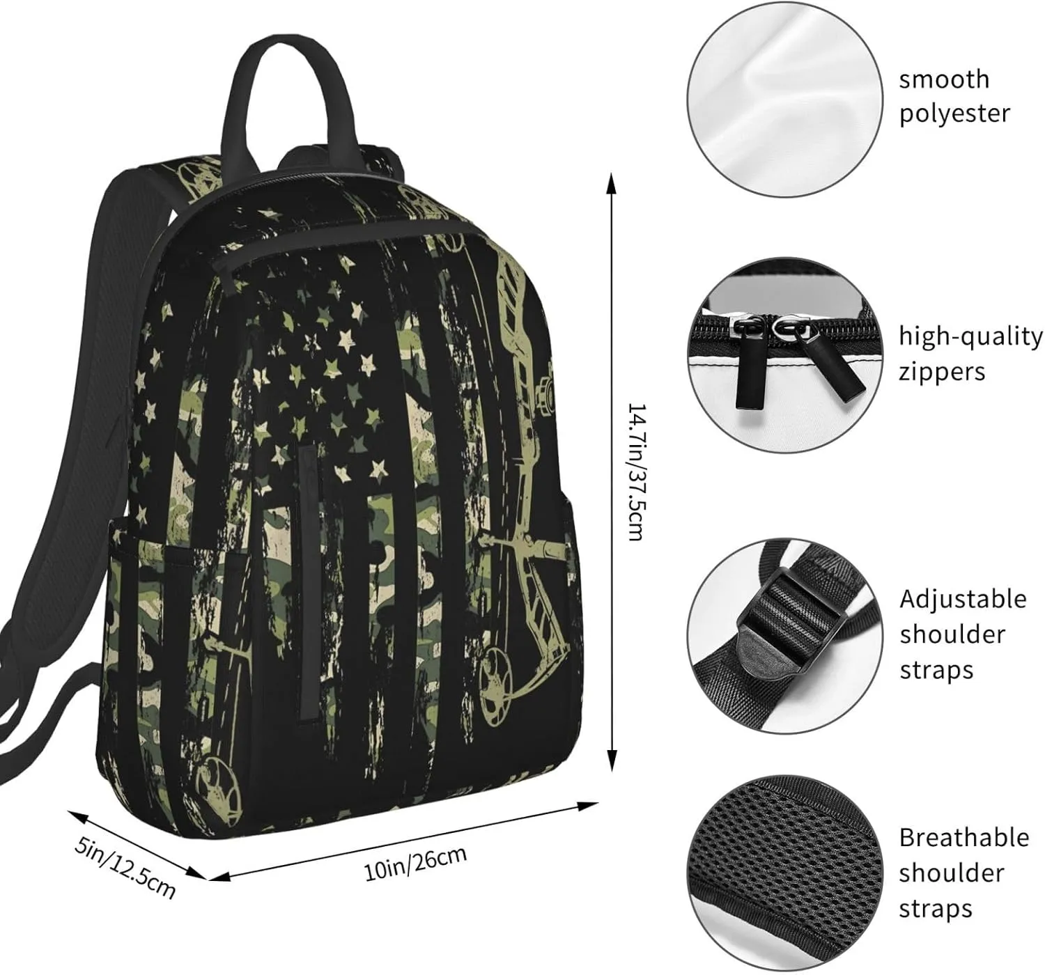 Bow Hunting American Flag Archery Bowhunter Camouflage Casual Backpacks Laptop Backpack Outdoor Travel Rucksack Sport Carry-On Daypack Lightweight Bag with Multi-Pockets