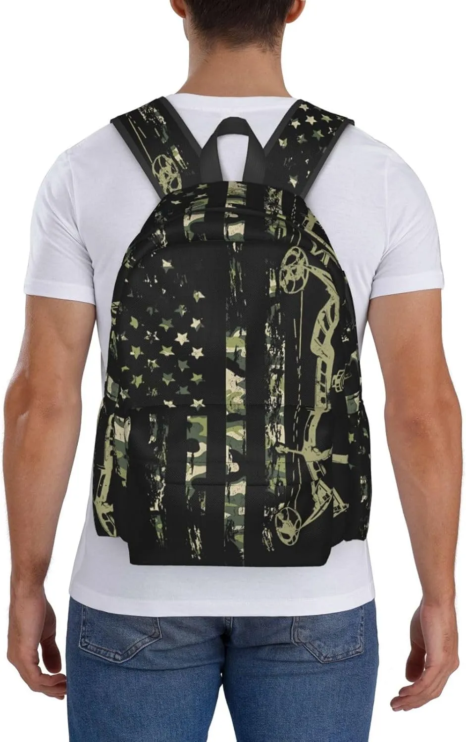 Bow Hunting American Flag Archery Bowhunter Camouflage Casual Backpacks Large Travel Backpack Laptop Rucksack Sports Daypack Adjustable Strap Bag for Camping Hiking