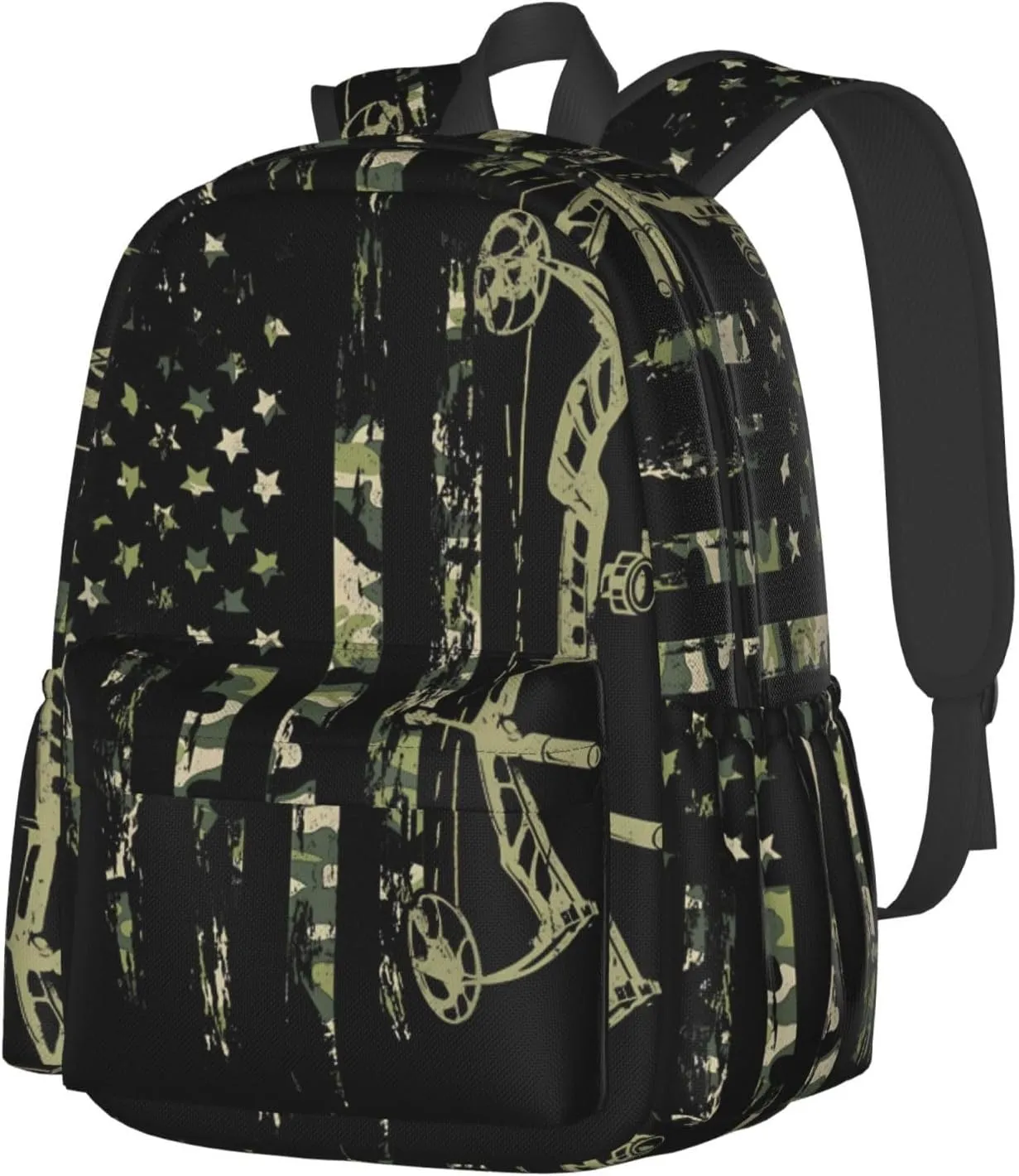 Bow Hunting American Flag Archery Bowhunter Camouflage Casual Backpacks Large Travel Backpack Laptop Rucksack Sports Daypack Adjustable Strap Bag for Camping Hiking