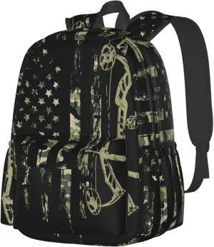 Bow Hunting American Flag Archery Bowhunter Camouflage Casual Backpacks Large Travel Backpack Laptop Rucksack Sports Daypack Adjustable Strap Bag for Camping Hiking