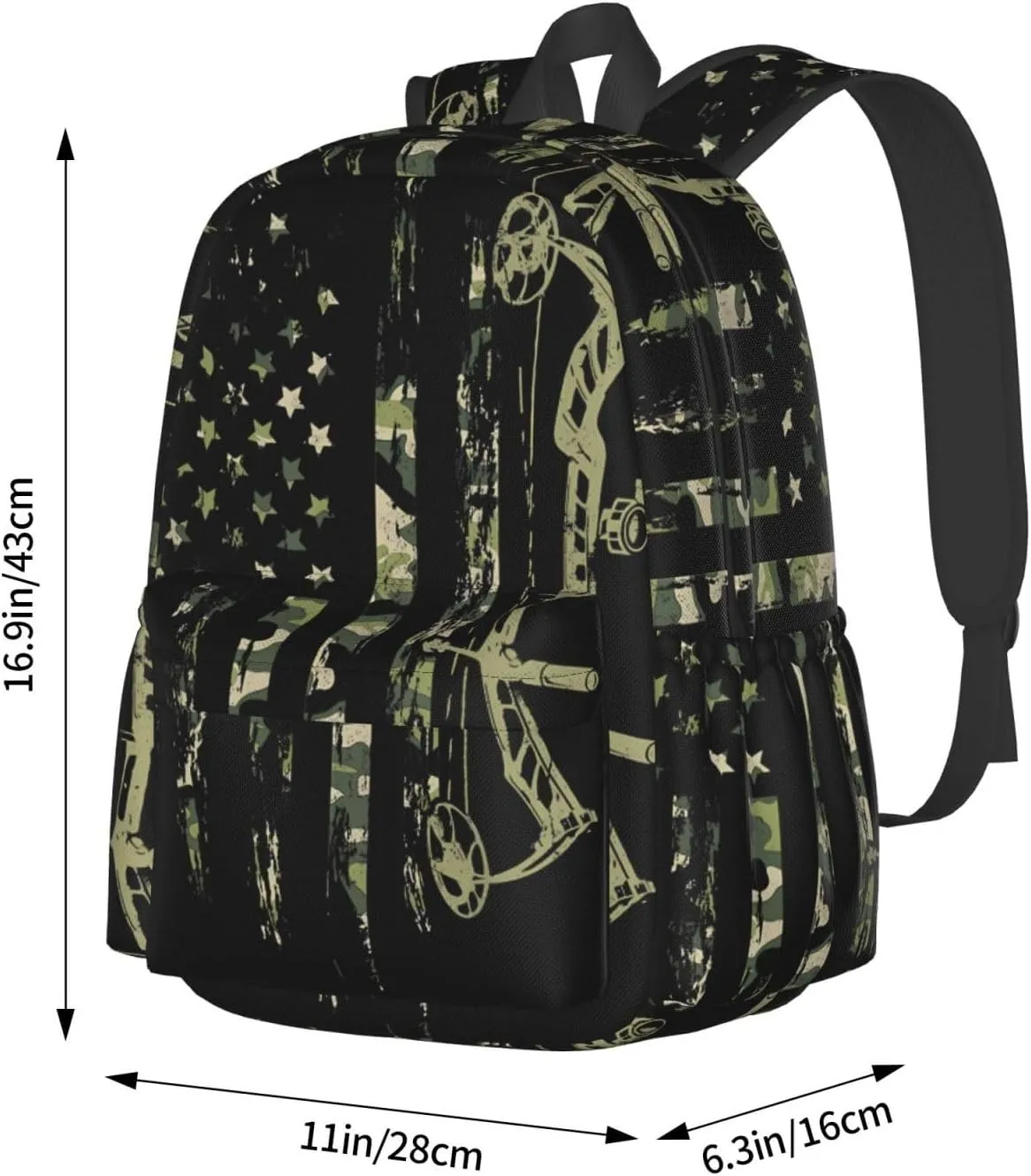 Bow Hunting American Flag Archery Bowhunter Camouflage Casual Backpacks Large Travel Backpack Laptop Rucksack Sports Daypack Adjustable Strap Bag for Camping Hiking
