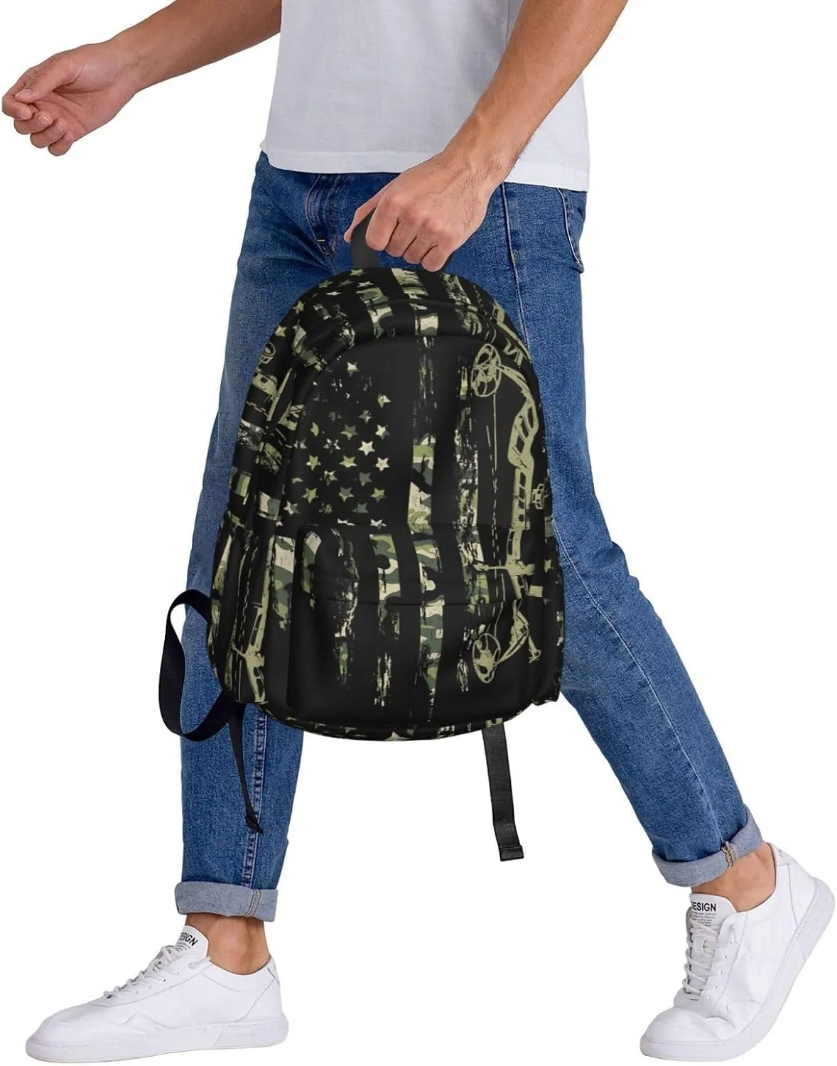 Bow Hunting American Flag Archery Bowhunter Camouflage Casual Backpacks Large Travel Backpack Laptop Rucksack Sports Daypack Adjustable Strap Bag for Camping Hiking
