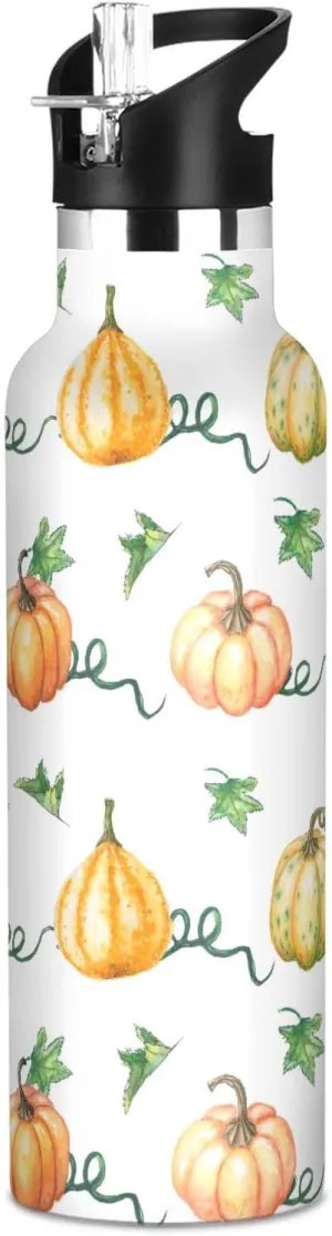 Boys Water Bottle with Straw Reusable Tumbler for Toddlers 20oz Kids Insulated Cups Leak Proof Double Wall 304 Stainless Steel Water Flask School Bottle,Autumn Leaves and Pumpkins