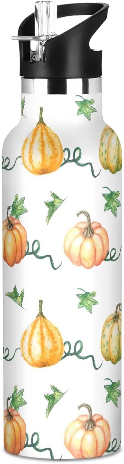 Boys Water Bottle with Straw Reusable Tumbler for Toddlers 20oz Kids Insulated Cups Leak Proof Double Wall 304 Stainless Steel Water Flask School Bottle,Autumn Leaves and Pumpkins