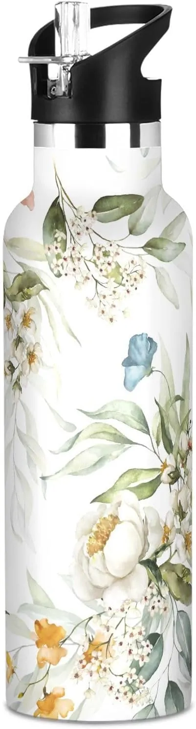 Boys Water Bottle with Straw Reusable Tumbler for Toddlers 20oz Kids Insulated Cups Leak Proof Double Wall 304 Stainless Steel Water Flask School Bottle,Beautiful Watercolor Floral