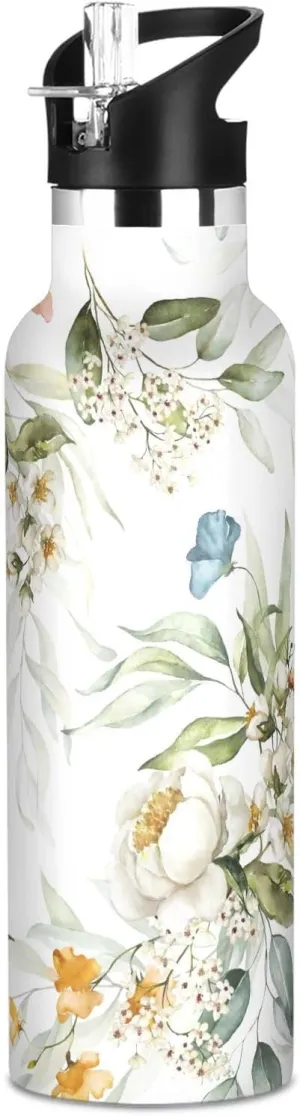 Boys Water Bottle with Straw Reusable Tumbler for Toddlers 20oz Kids Insulated Cups Leak Proof Double Wall 304 Stainless Steel Water Flask School Bottle,Beautiful Watercolor Floral
