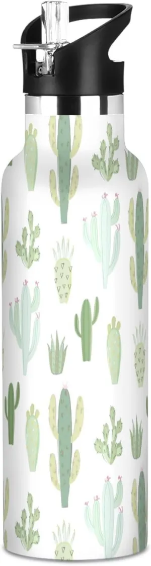 Boys Water Bottle with Straw Reusable Tumbler for Toddlers 20oz Kids Insulated Cups Leak Proof Double Wall 304 Stainless Steel Water Flask School Bottle,Cactus Green Succulents Plants