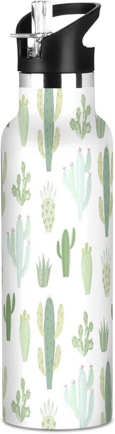 Boys Water Bottle with Straw Reusable Tumbler for Toddlers 20oz Kids Insulated Cups Leak Proof Double Wall 304 Stainless Steel Water Flask School Bottle,Cactus Green Succulents Plants