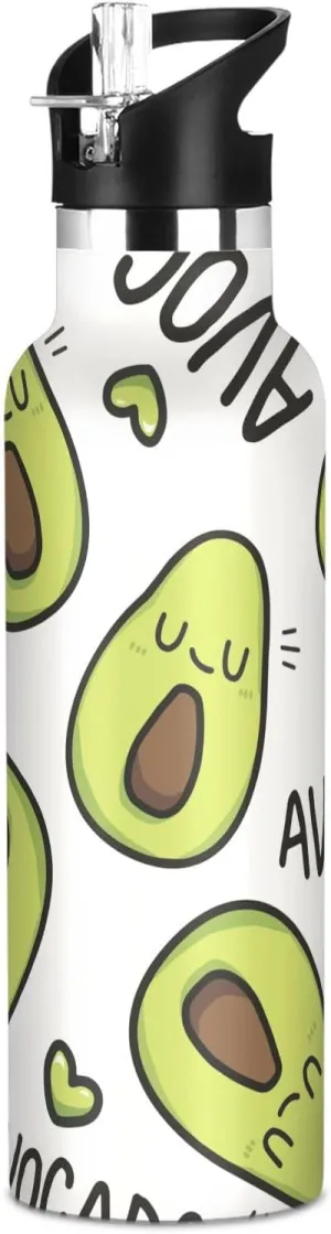 Boys Water Bottle with Straw Reusable Tumbler for Toddlers 20oz Kids Insulated Cups Leak Proof Double Wall 304 Stainless Steel Water Flask School Bottle,Cute Avocado Cartoon