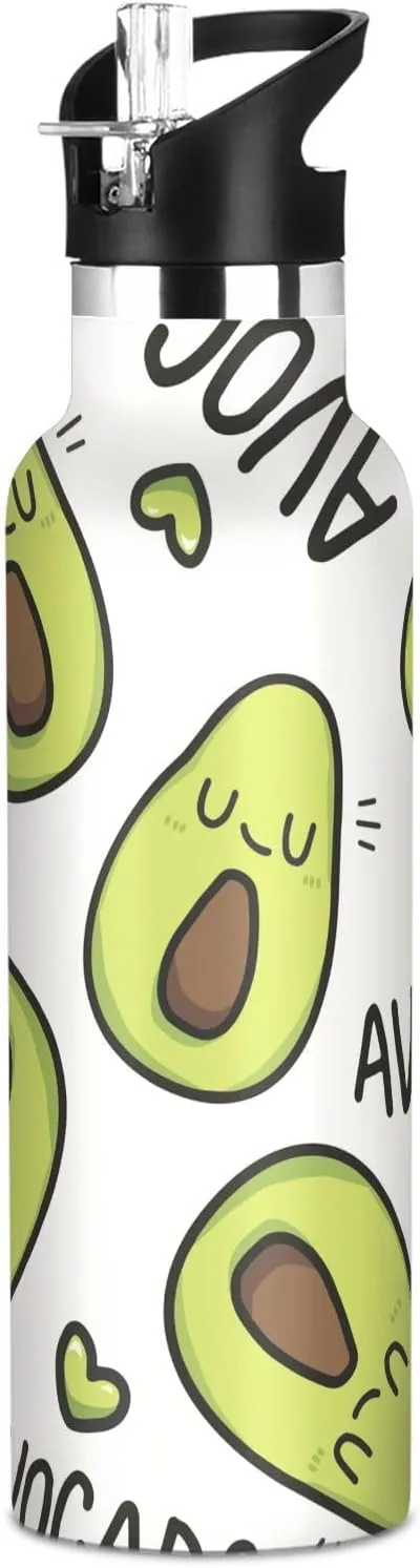 Boys Water Bottle with Straw Reusable Tumbler for Toddlers 20oz Kids Insulated Cups Leak Proof Double Wall 304 Stainless Steel Water Flask School Bottle,Cute Avocado Cartoon