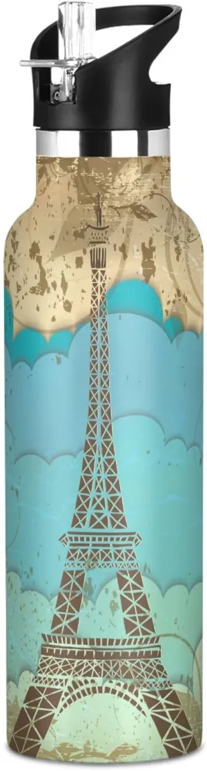 Boys Water Bottle with Straw Reusable Tumbler for Toddlers 20oz Kids Insulated Cups Leak Proof Double Wall 304 Stainless Steel Water Flask School Bottle,Eiffel Tower with Clouds