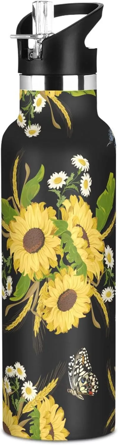 Boys Water Bottle with Straw Reusable Tumbler for Toddlers 20oz Kids Insulated Cups Leak Proof Double Wall 304 Stainless Steel Water Flask School Bottle,Embroidery Sunflowers