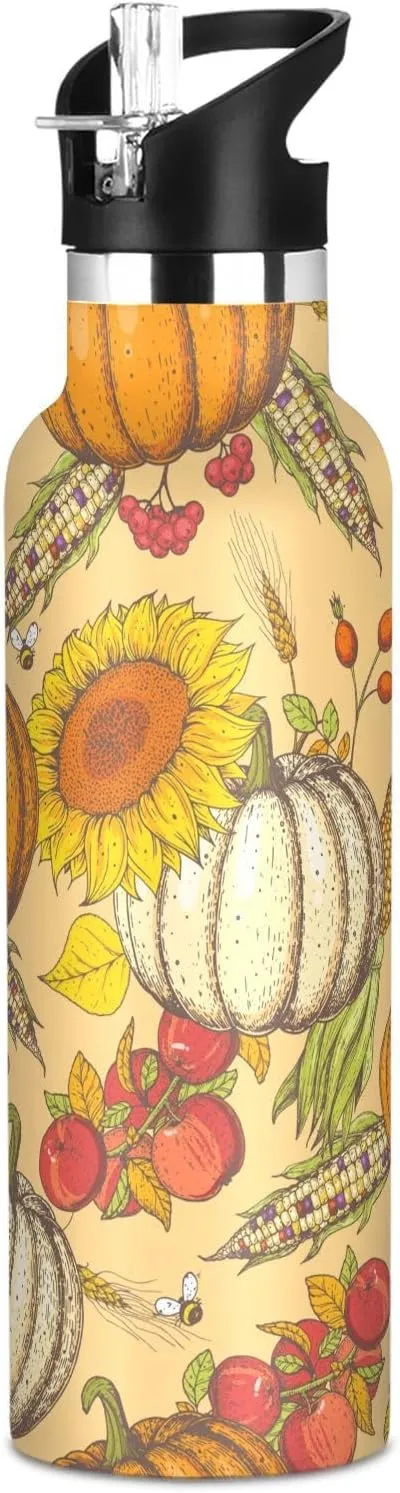 Boys Water Bottle with Straw Reusable Tumbler for Toddlers 20oz Kids Insulated Cups Leak Proof Double Wall 304 Stainless Steel Water Flask School Bottle,Fall Pumpkin Sunflower