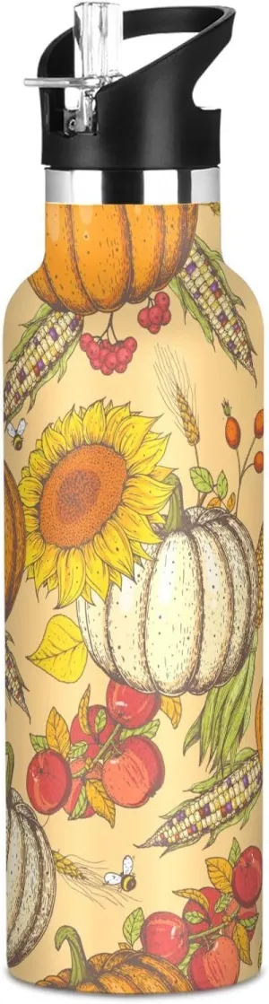 Boys Water Bottle with Straw Reusable Tumbler for Toddlers 20oz Kids Insulated Cups Leak Proof Double Wall 304 Stainless Steel Water Flask School Bottle,Fall Pumpkin Sunflower