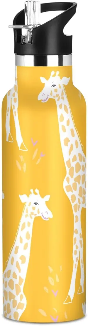 Boys Water Bottle with Straw Reusable Tumbler for Toddlers 20oz Kids Insulated Cups Leak Proof Double Wall 304 Stainless Steel Water Flask School Bottle,Giraffe Yellow
