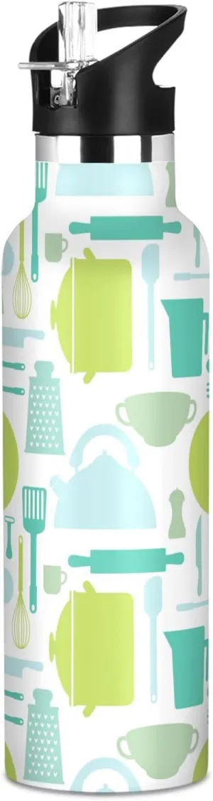 Boys Water Bottle with Straw Reusable Tumbler for Toddlers 20oz Kids Insulated Cups Leak Proof Double Wall 304 Stainless Steel Water Flask School Bottle,Kitchen Tool Pattern