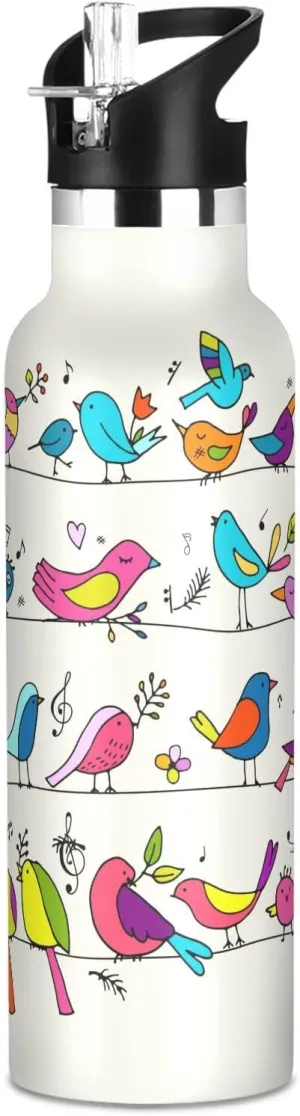 Boys Water Bottle with Straw Reusable Tumbler for Toddlers 20oz Kids Insulated Cups Leak Proof Double Wall 304 Stainless Steel Water Flask School Bottle,Little Bird
