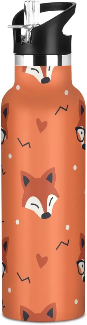 Boys Water Bottle with Straw Reusable Tumbler for Toddlers 20oz Kids Insulated Cups Leak Proof Double Wall 304 Stainless Steel Water Flask School Bottle,Little Cute Fox