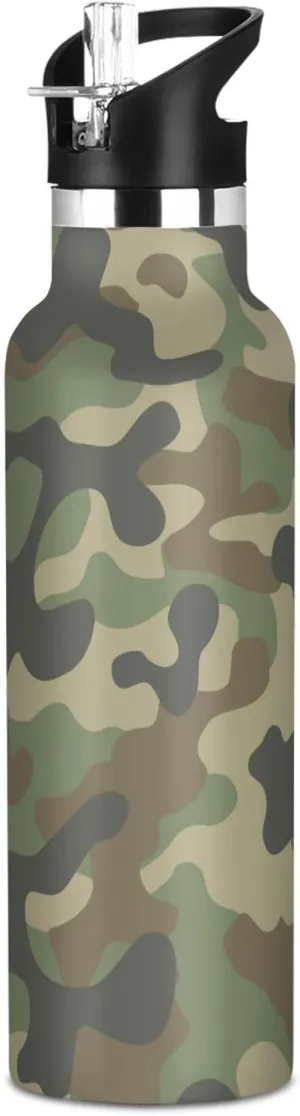 Boys Water Bottle with Straw Reusable Tumbler for Toddlers 20oz Kids Insulated Cups Leak Proof Double Wall 304 Stainless Steel Water Flask School Bottle,Military Fashion Green