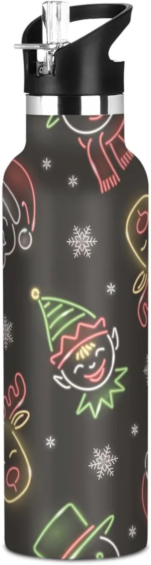 Boys Water Bottle with Straw Reusable Tumbler for Toddlers 20oz Kids Insulated Cups Leak Proof Double Wall 304 Stainless Steel Water Flask School Bottle,Neon Christmas Elements