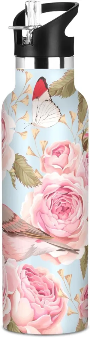 Boys Water Bottle with Straw Reusable Tumbler for Toddlers 20oz Kids Insulated Cups Leak Proof Double Wall 304 Stainless Steel Water Flask School Bottle,Vintage Pink Rose and Birds