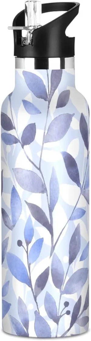 Boys Water Bottle with Straw Reusable Tumbler for Toddlers 20oz Kids Insulated Cups Leak Proof Double Wall 304 Stainless Steel Water Flask School Bottle,Watercolor Purple Leaves